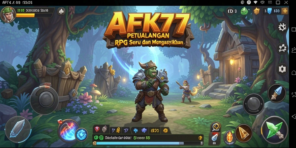 Tampilan gameplay AFK77 dengan pahlawan bertarung melawan monster fantasi.