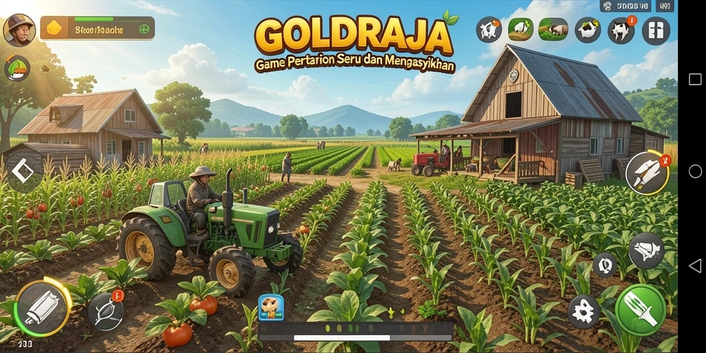 Screenshot gameplay <strong>GOLDRAJA</strong> menunjukkan aktivitas pertanian yang menyenangkan dan interaktif.