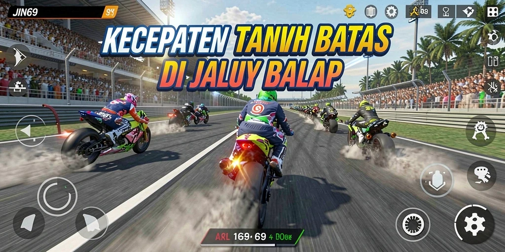 Screenshot gameplay JIN69 menampilkan balapan yang mendebarkan dan mobil berkecepatan tinggi.