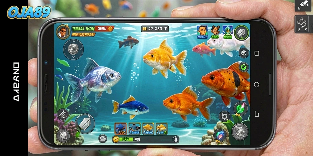 Tampilan permainan menembak ikan yang menarik dan penuh warna.