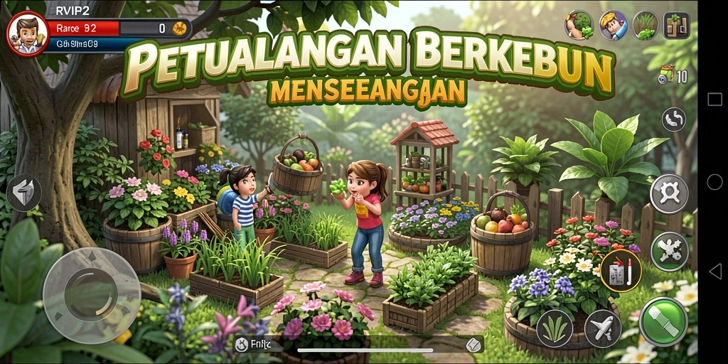 Screenshot utama RVIP2 menampilkan gameplay berkebun yang seru.